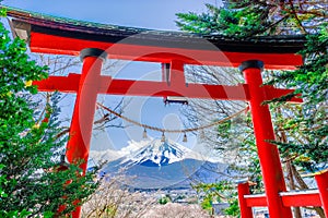 A red wooden gate at Arakura Sengen Shrine with Mount Fuji in the background in Japan