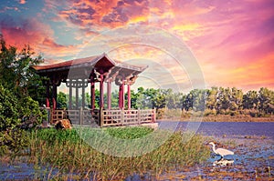 Red wooden gazebo by the pond