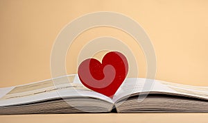 A red wooden heart on centerfold book