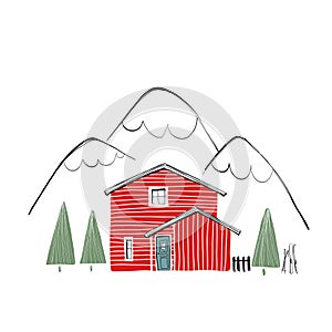 Red wooden house in winter landscape