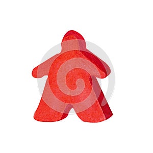 Red wooden meeple isolated on white background. Watercolor hand drawn illustration in cartoon style