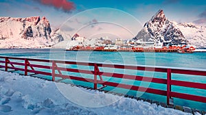 Red wooden pier on Gravdal bay. Frosty winter scene of popular tourist destination - Lofoten Islands