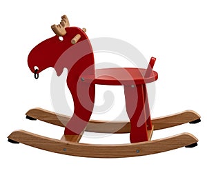 Red wooden rocking horse toy isolated on white
