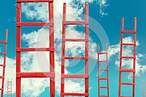 Red Wooden Stairway to Heaven. Road To Success. Achievement Of Goals Career Concept