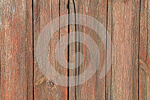 Red wooden surface, backdrop, background. Front view of an old wooden fence for inscription. Pink wood fencing