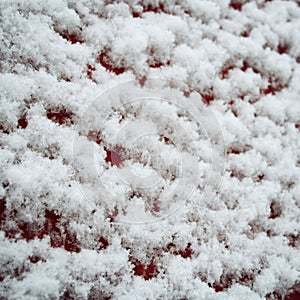 Red wooden surface covered with snow. Close up.