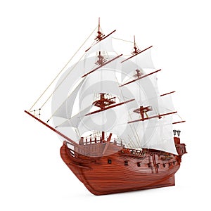 Red Wooden Vintage Tall Sailing Ship, Caravel, Pirate Ship or Warship. 3d Rendering