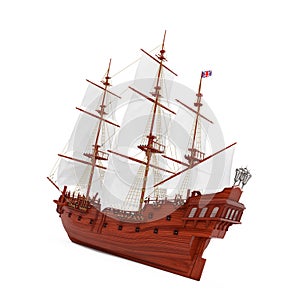 Red Wooden Vintage Tall Sailing Ship, Caravel, Pirate Ship or Warship. 3d Rendering