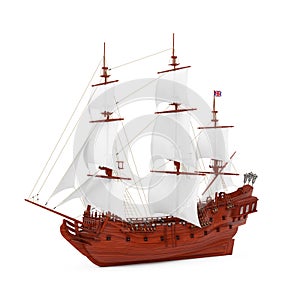 Red Wooden Vintage Tall Sailing Ship, Caravel, Pirate Ship or Warship. 3d Rendering