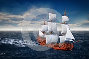 Red Wooden Vintage Tall Sailing Ship, Caravel, Pirate Ship or Warship in Open Ocean. 3d Rendering