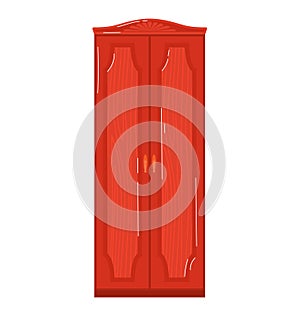 Red wooden wardrobe furniture design. Classic tall armoire for bedroom decor vector illustration