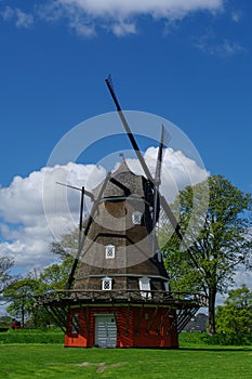 Red wooden windmill in Kastellet fortress The old military fort