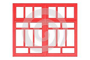 Red wooden window frames with glass windows, Chinese style isolated on a white
