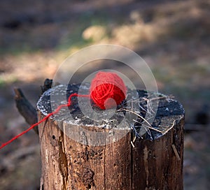 Red wool ball of yarn for knitting lying on a tree stump