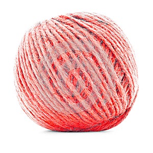 Red wool clew, knitting yarn roll isolated on white background