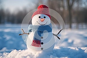 Red wool hat snowman with blue and red scarf, winter bakground.