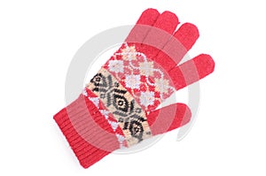 Red woolen glove on white background