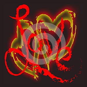 The red word `LOVE` against the background of two fiery hearts. Isolated element on a dark background. Rough brush drawing.