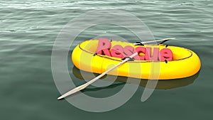 Red word rescue in yellow rubber boat on the ocean