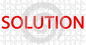 red word with solution writing on white pieces puzzle composition background, concept of solve problem