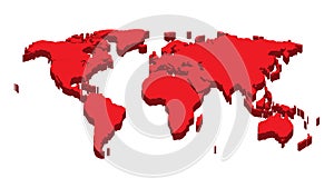Red world map in 3D. 3D map of the world with regional boundaries.