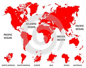 Red World Map with division of continent - vector