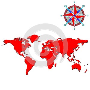 Red world map with wind rose