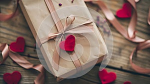 red wrapped gift box and paper heart, valentines present, generative ai