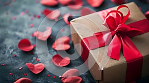 red wrapped gift box and paper heart, valentines present, generative ai