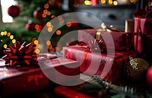 red wrapping paper with wrapping paper in front of christmas gifts