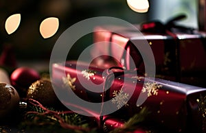 red wrapping paper with wrapping paper in front of christmas gifts