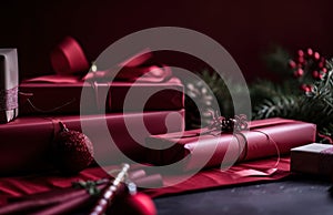 red wrapping paper with wrapping paper in front of christmas gifts