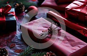 red wrapping paper with wrapping paper in front of christmas gifts