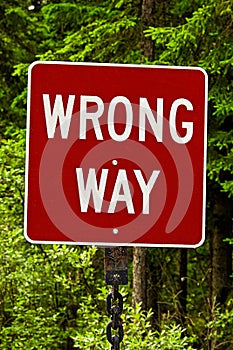 A red wrong way sign against trees