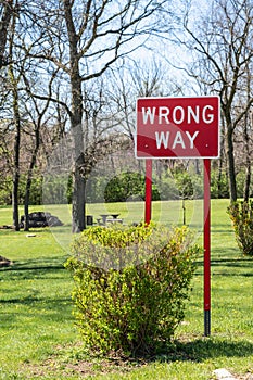 Red wrong way sign with bright green grass