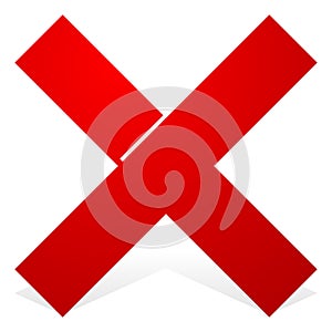 Red X shape with snick and shadow isolated on white. Cancel, wrong, decline icon.