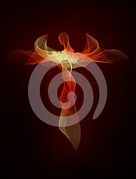 Red and yellow abstract winged demon angel on a black background. Blend effect