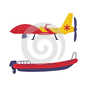 Red and Yellow Aircraft and Boat as Rescue Equipment and Emergency Vehicle for Urgent Saving of Life Vector Set