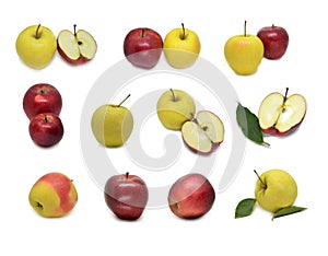 Red yellow apple with green leaf and slice