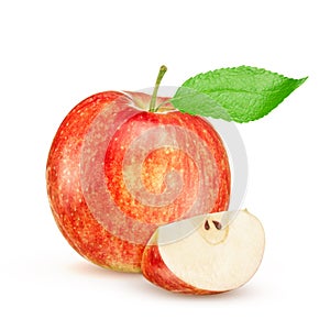 Red yellow apple with green leaf and slice isolated on white background