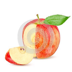 Red yellow apple with green leaf and slice isolated on white background