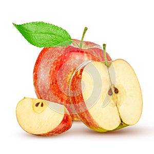 Red yellow apple with green leaf and slice isolated on white background