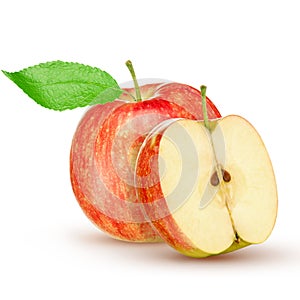 Red yellow apple with green leaf and slice on white background