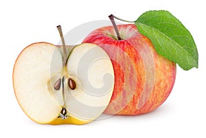 Red yellow apple with leaf and half