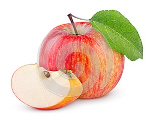 Red yellow apple with leaf and slice