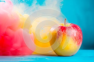 A red and yellow apple is placed on top of a blue table. The vibrant colors mist contrast with bold colors of background