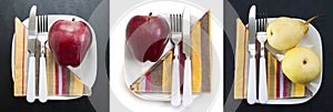 Red and yellow apples on white plates, set. Vitamin, low-calorie, vegetarian and special diet breakfasts and healthy