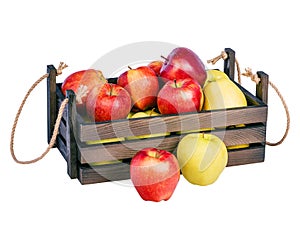 Red and yellow apples in a wooden box