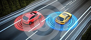Red and Yellow Autonomous Cars Maintain Safe Distance on Highway Using Sensor Technology photo