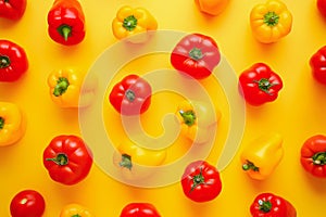 Red and yellow bell peppers on a bright yellow background